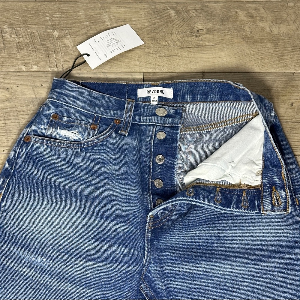 $265 NWT RE/DONE 70s Stove Pipe High Rise Button Fly Knee Rip Jeans Size 25 - Picture 9 of 15